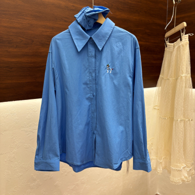 通勤百搭蓝色长袖衬衫女26年春新款小马贴图气质翻领衬衣芭蕾3323