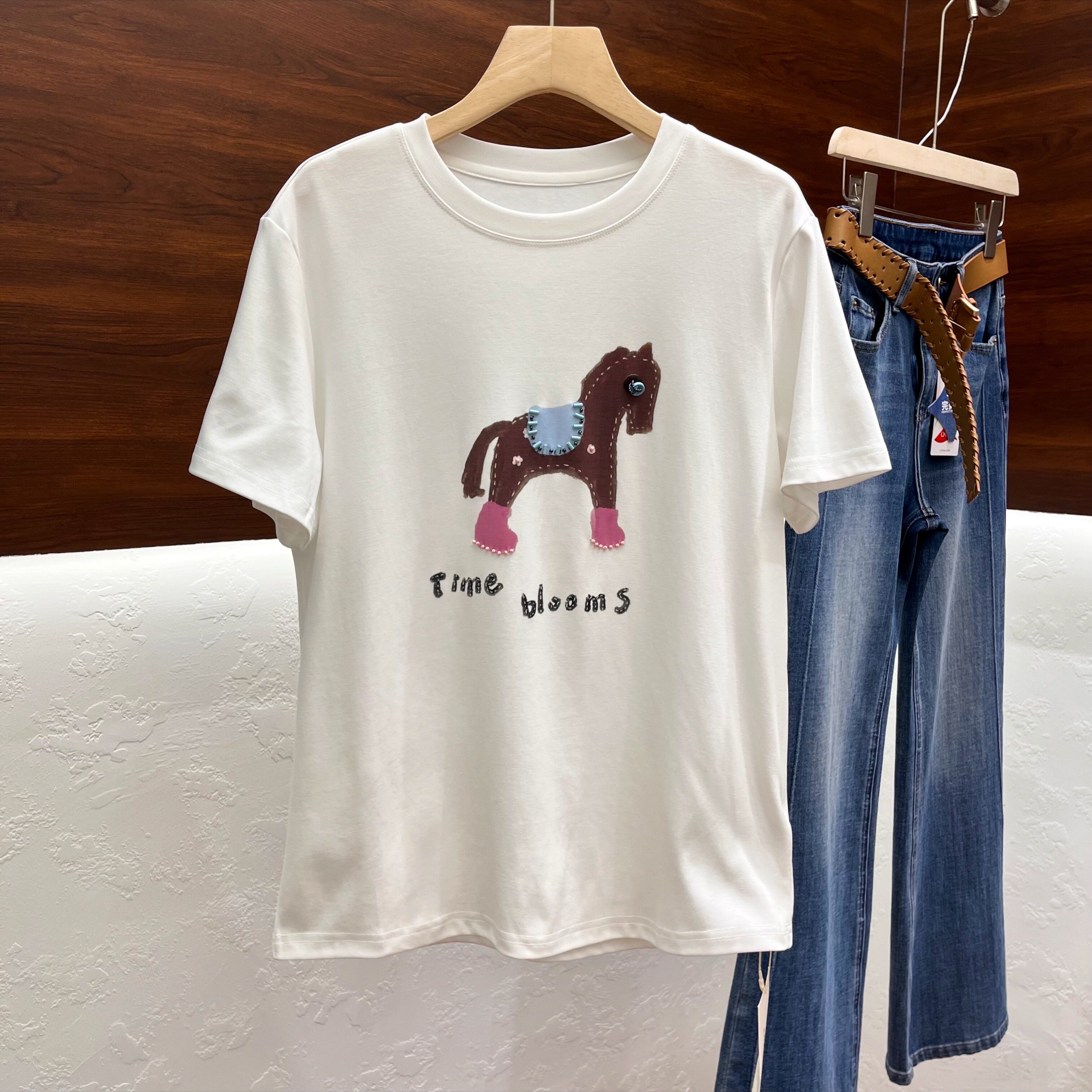 设计感小马印花圆领T恤女短袖2026年春季新款韩版别致小衫y389019