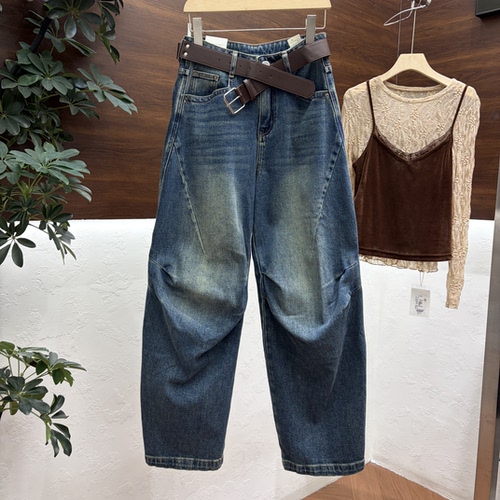 JEANS 2026秋季新款 高腰膝盖褶皱欧货美式弯刀裤拖地牛仔裤58185