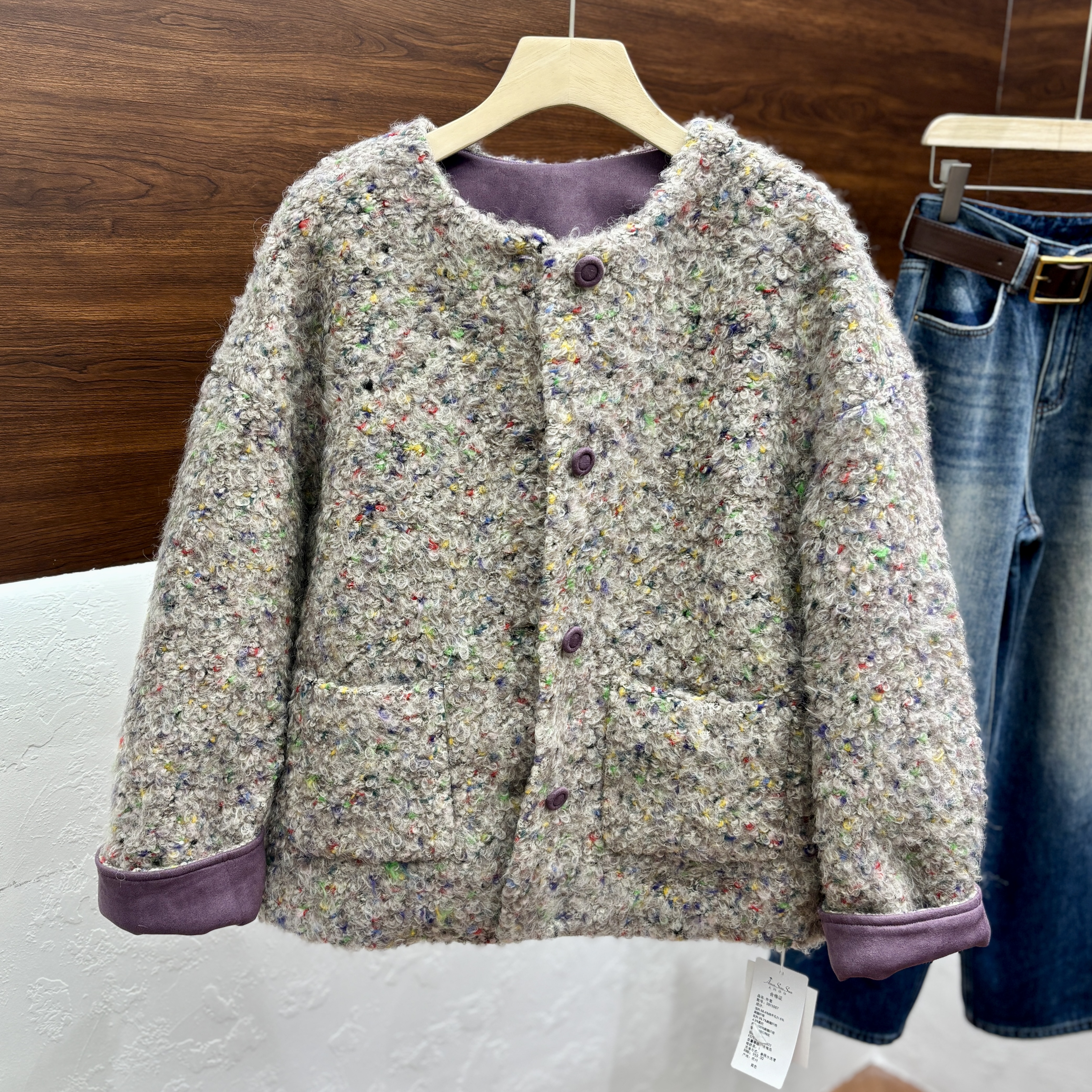 复古灰色羊圈毛小香风外套女25冬高级感气质宽松加厚羽绒服艾5587