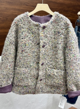 复古灰色羊圈毛小香风外套女25冬高级感气质宽松加厚羽绒服艾5587