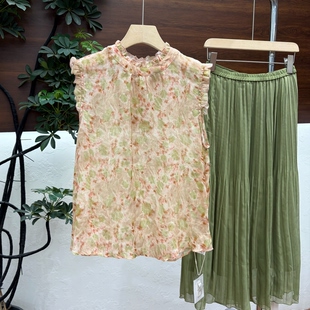 夏日~%100苎麻木耳花边领轻薄透气晕染小碎花无袖衬衫女夏土7998
