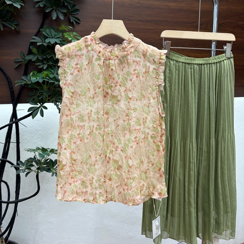 夏日~%100苎麻木耳花边领轻薄透气晕染小碎花无袖衬衫女夏土7998