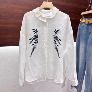法式度假风刺绣娃娃领衬衫女2026春新款复古气质设计感衬衣HR627