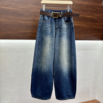 韩系裤脚设计感高腰阔腿加绒牛仔裤女秋冬宽松小众直筒拖地长裤子