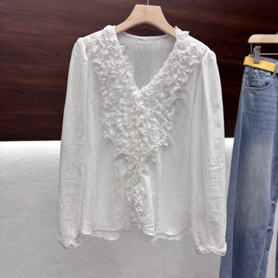 时尚双层木耳边v领衬衫2026年春新款休闲宽松上衣V领小衫xiu26006