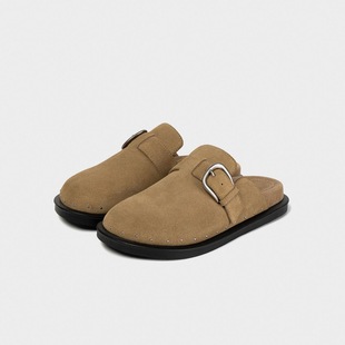 简约 yuri在韩国代购 khiho25FW包头半拖鞋 一脚蹬穆勒鞋 麂皮铆钉