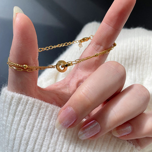 GGW 新中式双层环环相扣钛钢手链 复古双环放射线条手饰秀气手坠