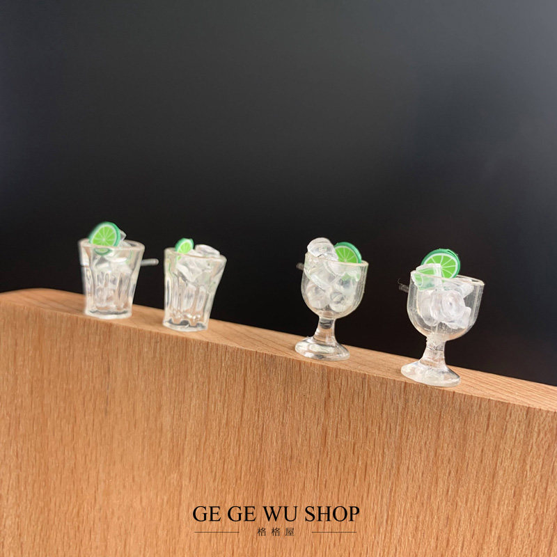 GGW手作 S925银针迷你袖珍冰块高脚酒杯耳钉青柠檬透明水杯耳环新