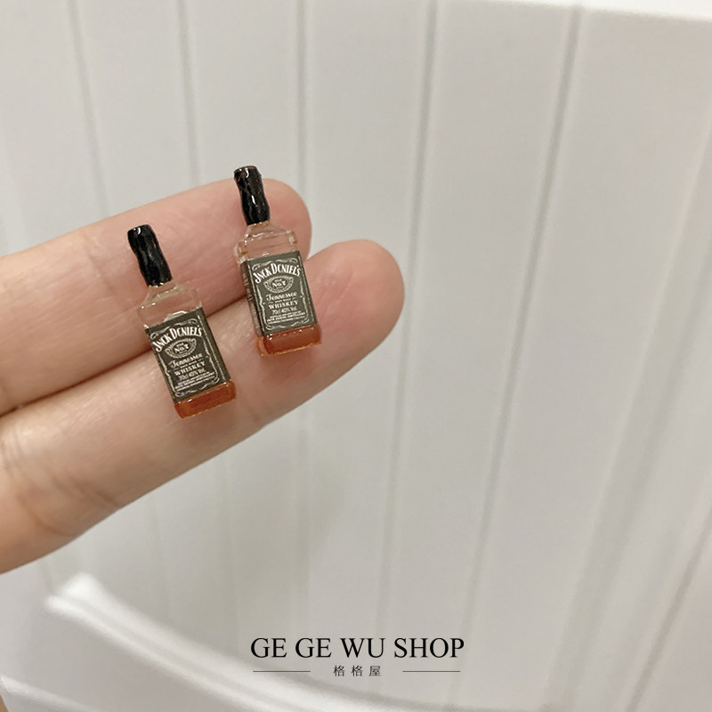 GGW手作 S925银针迷你袖珍洋酒瓶耳钉个性仿真树脂瓶子耳环实拍新