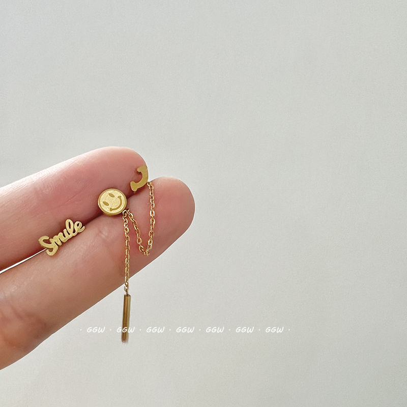 GGW 不对称圆笑脸微笑smile组合钛钢耳钉螺丝拧扣耳骨钉三洞耳环