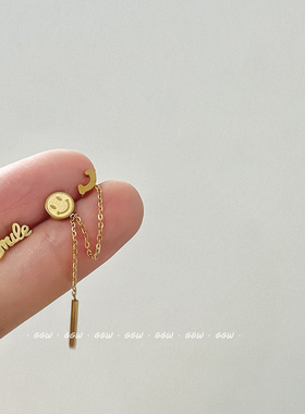 GGW 不对称圆笑脸微笑smile组合钛钢耳钉螺丝拧扣耳骨钉三洞耳环