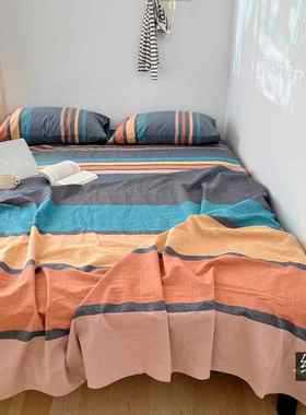 BO中格子床单单件全棉纯棉水洗棉纯色1.8床1.5深黄色灰色彩纹1.2