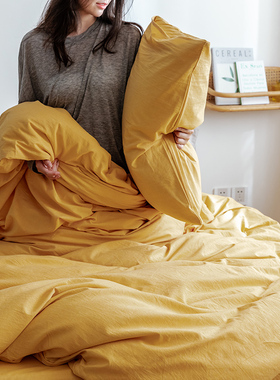 BO枕套一对 纯棉全棉水洗棉枕头套枕芯套单人48*74格子纯色姜黄色