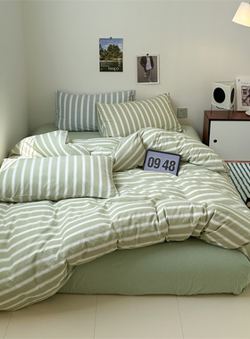 BO5水洗棉纯棉全棉被套床单床笠4四件套1.5/1.8/1.2简约绿色条纹