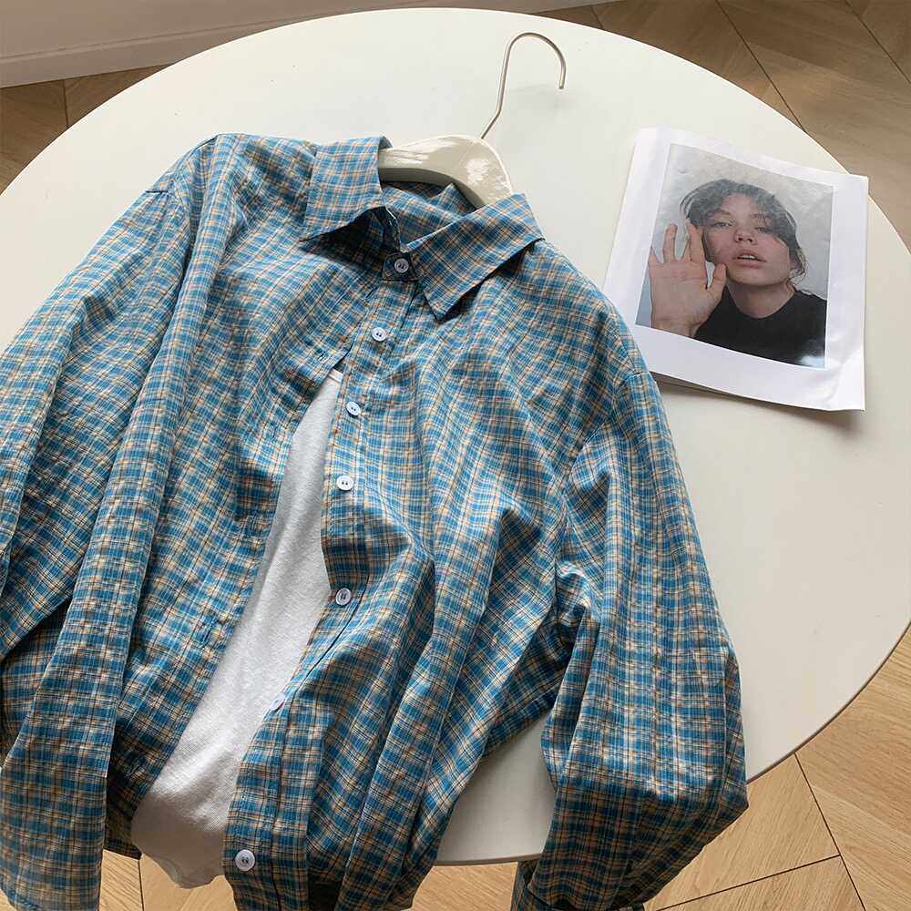 小优～彩色的秋 小格子bf风慵懒蓝色显瘦薄款防晒开衫衬衫女士