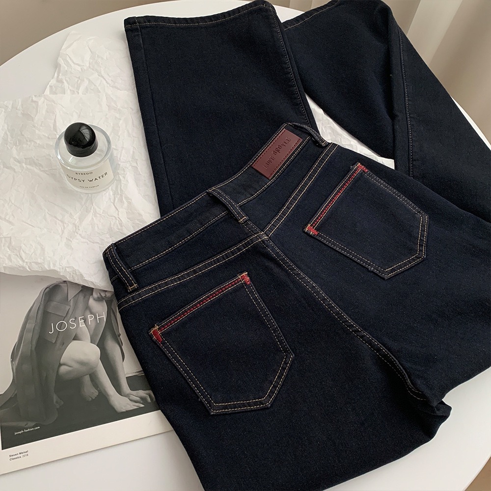 2025美式复古秋冬深色高腰弹力加绒保暖阔腿显瘦牛仔裤子女长裤