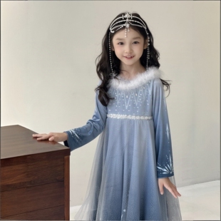 阿米童装cos冰雪奇缘艾莎公主连衣裙女童秋冬蓝色长袖毛领加冕裙
