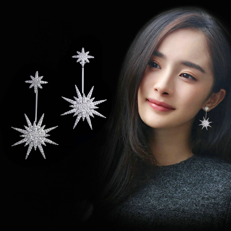 925纯银针耳钉女个性时尚韩国气质雪花星星百搭后挂式夸张大耳环