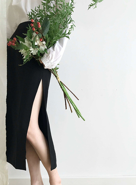 【清仓特价不退不换】黑色开叉半身裙一片式半裙优雅设计高腰显瘦