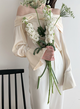 【5折清仓 不退不换】法式复古香槟色缎面长袖衬衫露肩一字领上衣