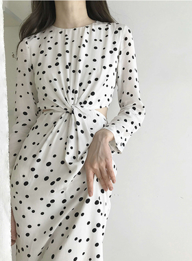 【清仓特价不退不换】长袖圆领收腰白色大波点中长款荷叶边鱼尾裙