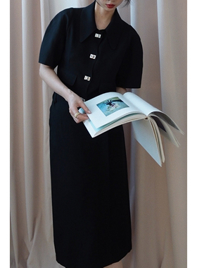 【清仓特价不退不换】甜美黑色醋酸泡泡袖上衣半身裙套装短袖外套