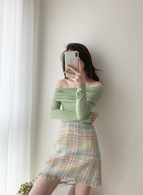 清仓特价不退不换】格子半裙甜美气质仙女短裙流苏须边高腰a字裙