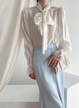 【5折清仓—不退货】复古系带蝴蝶结衬衫玫瑰紫优雅法式衬衣长袖