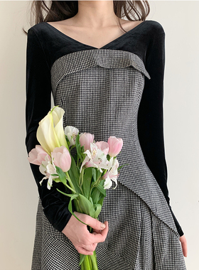 【清仓特价不退不换】气质显瘦A字长裙V领丝绒拼接千鸟格连衣裙