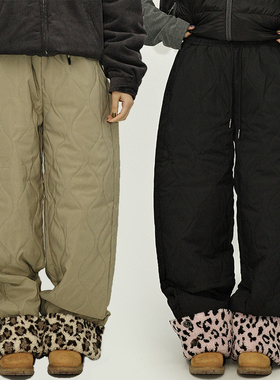 咕噜喔 冬季日系复古菱格长裤直筒休闲宽松夹棉波浪压花保暖棉裤