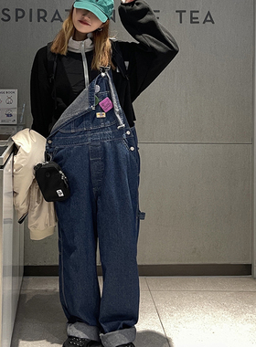 咕噜喔 美式慵懒复古宽松街头阿美咔叽深蓝垂感阔腿牛仔背带裤