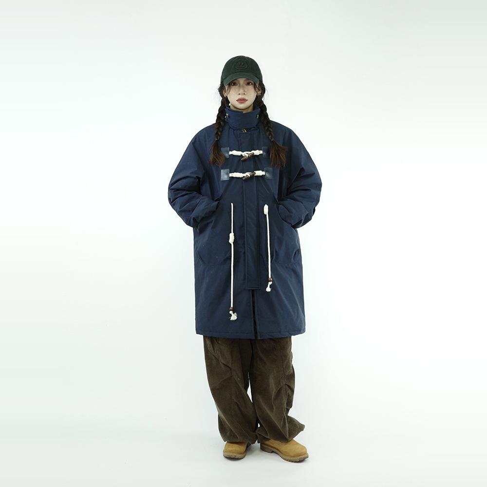 咕噜喔 日系复古宽松纯色bf风情侣款加厚立领牛角扣中长款棉服