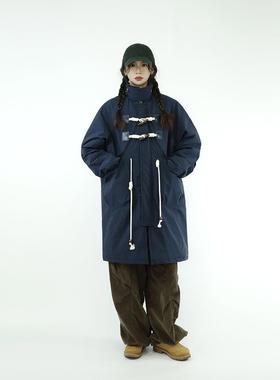 咕噜喔 日系复古宽松纯色bf风情侣款加厚立领牛角扣中长款棉服