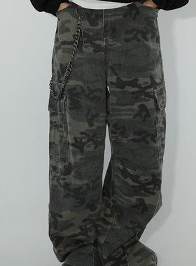 咕噜喔 复古降落伞兵裤男女直筒裤水洗做旧军绿色迷彩工装长裤