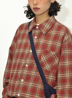 咕噜喔 秋季新品厚款衬衣男女宽松休闲上衣复古暗红格子磨毛衬衫