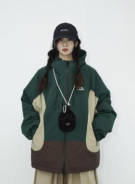 咕噜喔 复古宽松户外登山拼色棉服中性情侣棉衣连帽工装棉袄外套