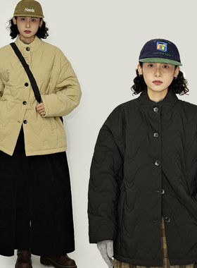 咕噜喔 冬季日系简约复古内胆棉袄宽松纯色菱格棉衣波浪压花棉服