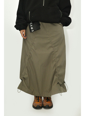咕噜喔 秋季户外山系休闲百搭日系工装军绿色伞裙抽绳轻薄半身裙