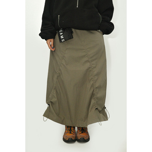 咕噜喔 秋季户外山系休闲百搭日系工装军绿色伞裙抽绳轻薄半身裙