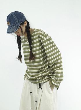 咕噜喔 2025美式街头日系宽松bf风复古条纹圆领长袖T恤打底亨利衫