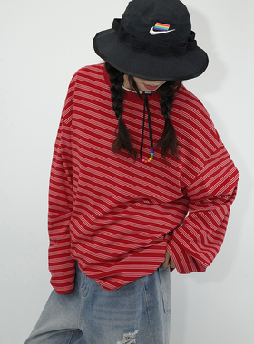 咕噜喔 街头日系宽松男女情侣长袖美式红色简约经典条纹圆领卫衣