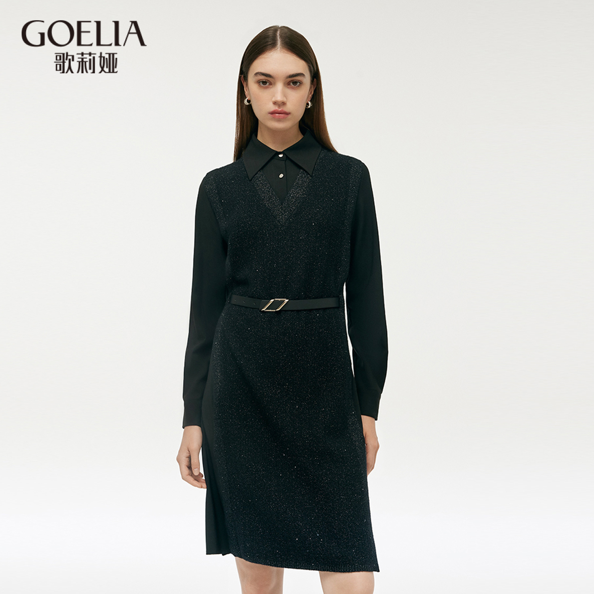 首降3折|歌莉娅长袖连衣裙女独特假两件拼接通勤衬衫领黑裙子