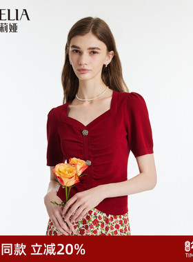 歌莉娅红色气质短上衣女装夏季时尚方领毛织短袖t恤1C4R5H230