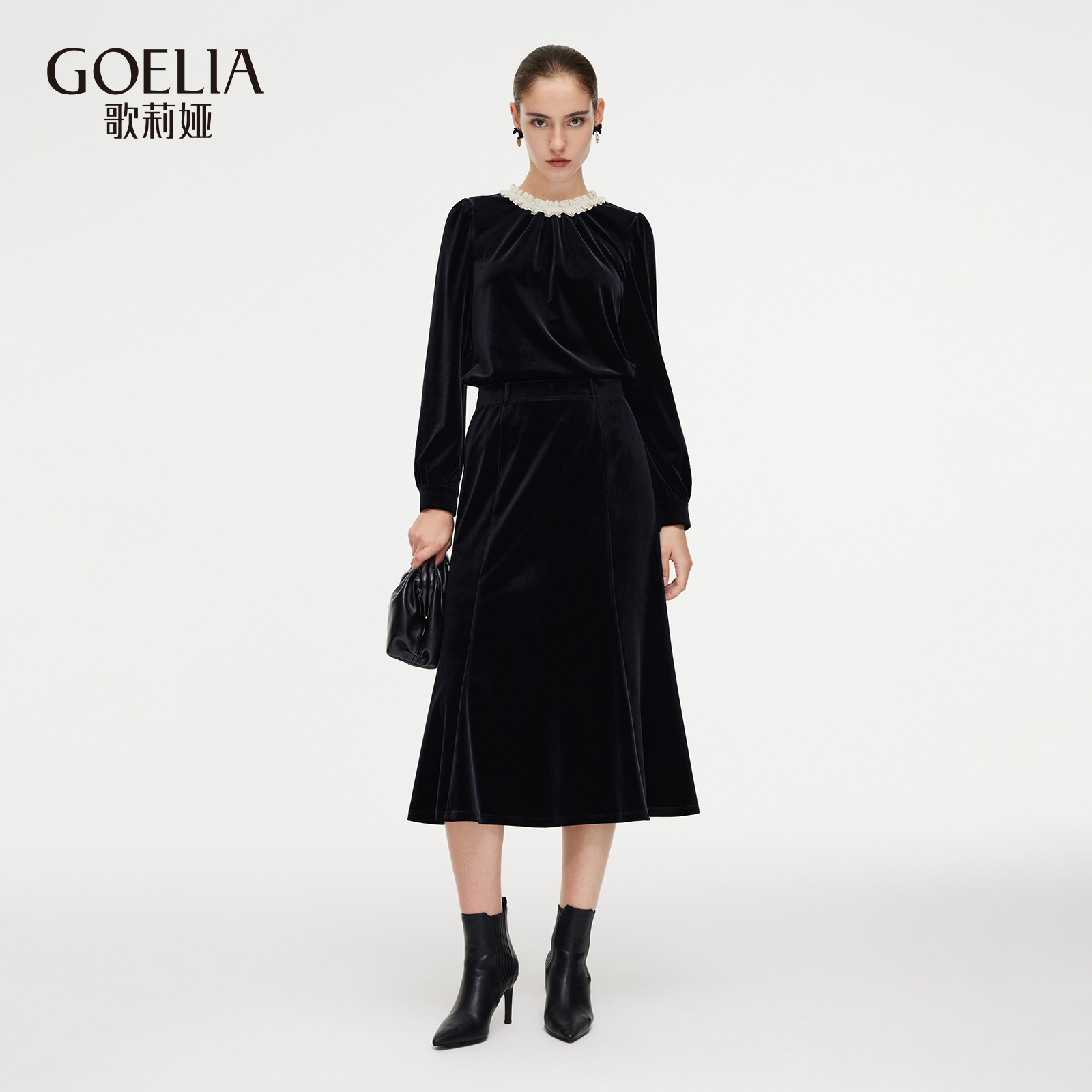 歌莉娅秋季黑色丝绒套装两件套女