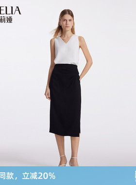 歌莉娅黑色半身裙女夏季时尚醋酸开叉收褶H版半截裙1C6L2B140