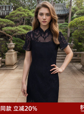歌莉娅新中式连衣裙女夏时尚国风改良蕾丝黑色旗袍1C3R4K01E