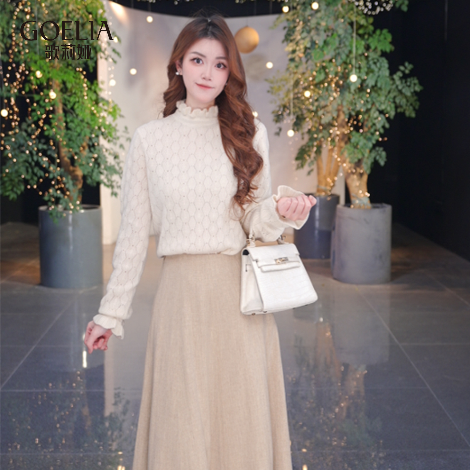 歌莉娅春季新品全羊绒拨花毛织上衣1F1L5J020