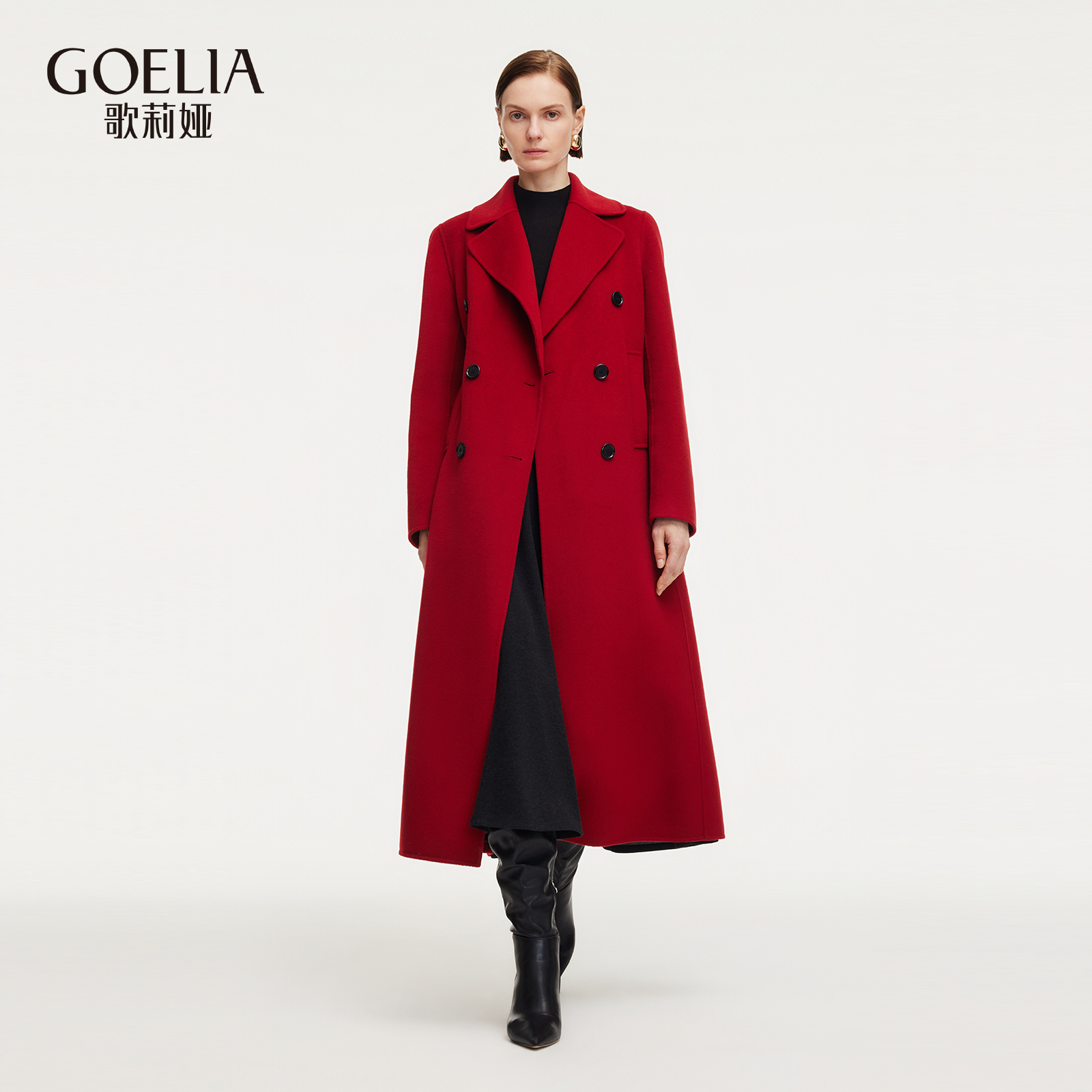 歌莉娅冬季羊毛羊绒红色大衣外套
