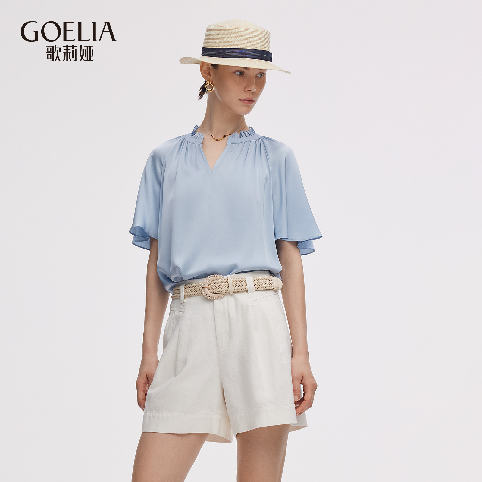 歌莉娅夏季真丝短袖桑蚕丝上衣女